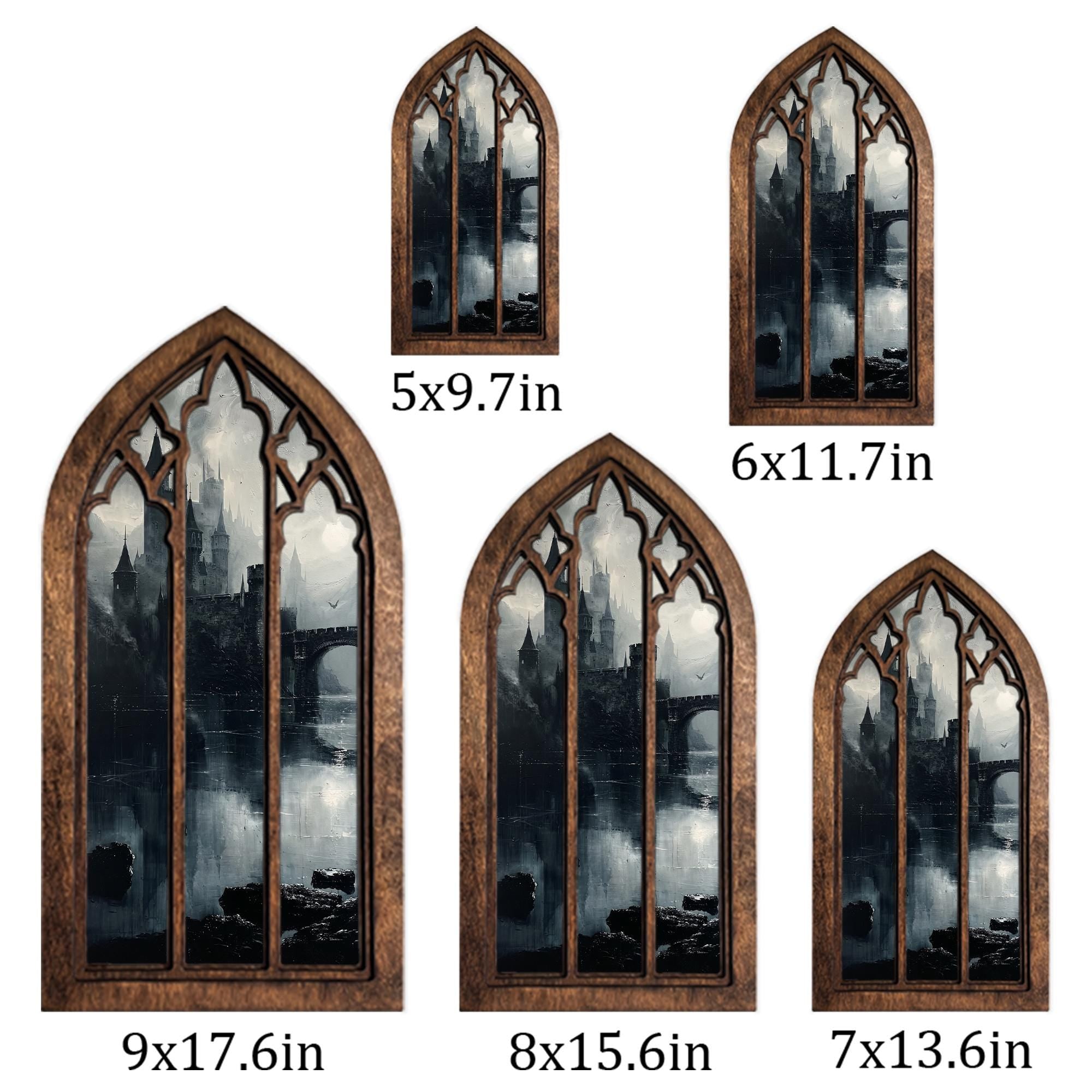 Gothic Castle Art, Dark Academia Decor, Gothic Window Frame, Vampire Castle Print, Laser Cut Wood Art, Gothic Picture Frame,Spooky Landscape