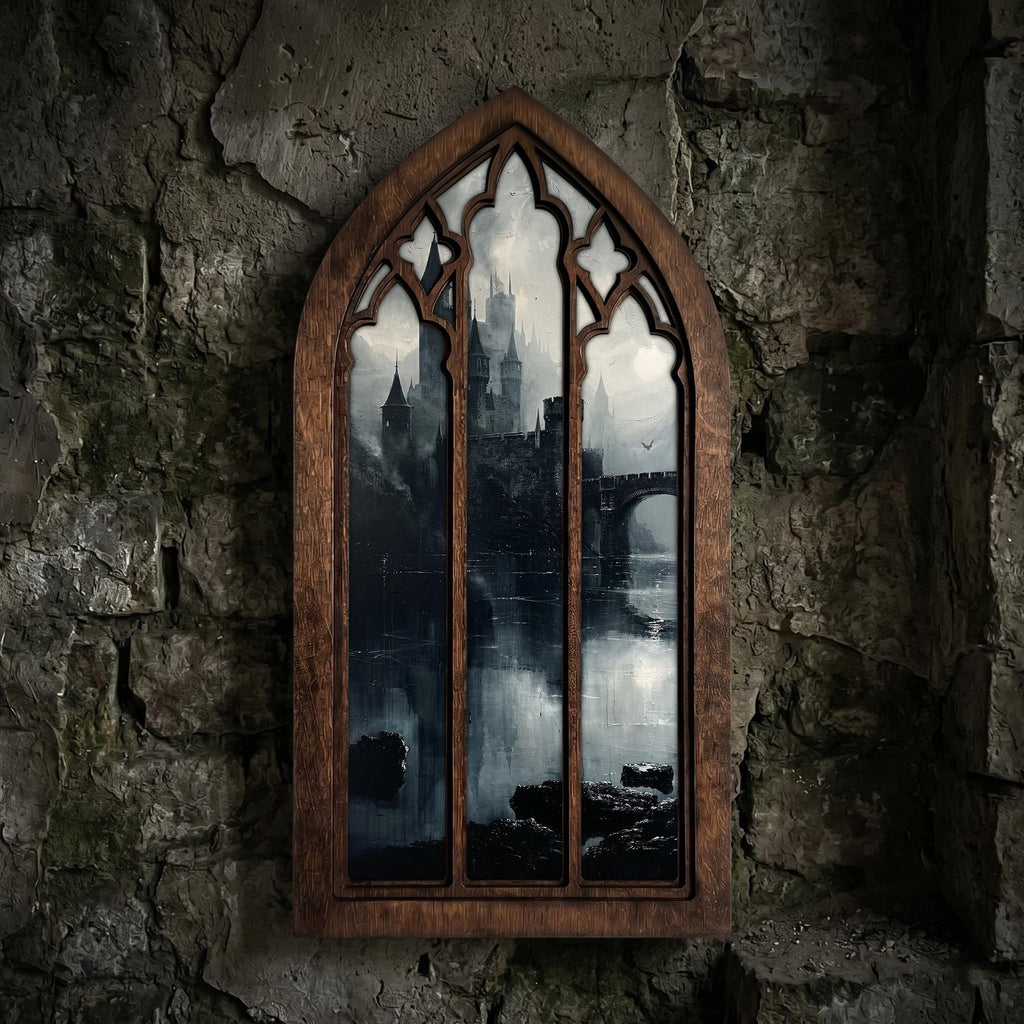 Gothic Castle Art, Dark Academia Decor, Gothic Window Frame, Vampire Castle Print, Laser Cut Wood Art, Gothic Picture Frame,Spooky Landscape