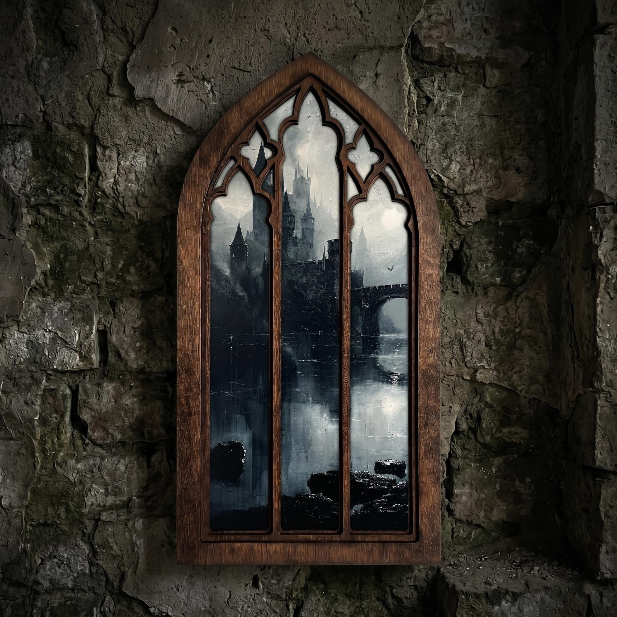 Gothic Castle Art, Dark Academia Decor, Gothic Window Frame, Vampire Castle Print, Laser Cut Wood Art, Gothic Picture Frame,Spooky Landscape