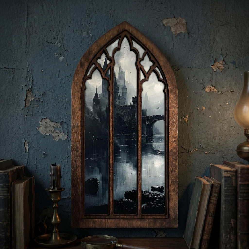 Gothic Castle Art, Dark Academia Decor, Gothic Window Frame, Vampire Castle Print, Laser Cut Wood Art, Gothic Picture Frame,Spooky Landscape