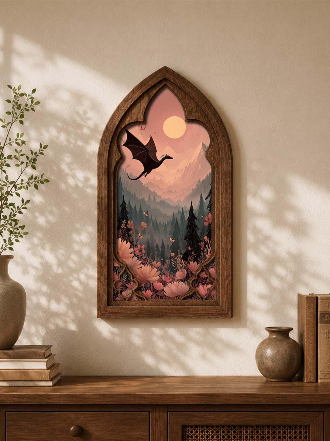 Dragon Forest Gothic Arch Wall Art, Fantasy Window Decor, Enchanted Woodland Dragon Artwork, Cottagecore Fantasy Art
