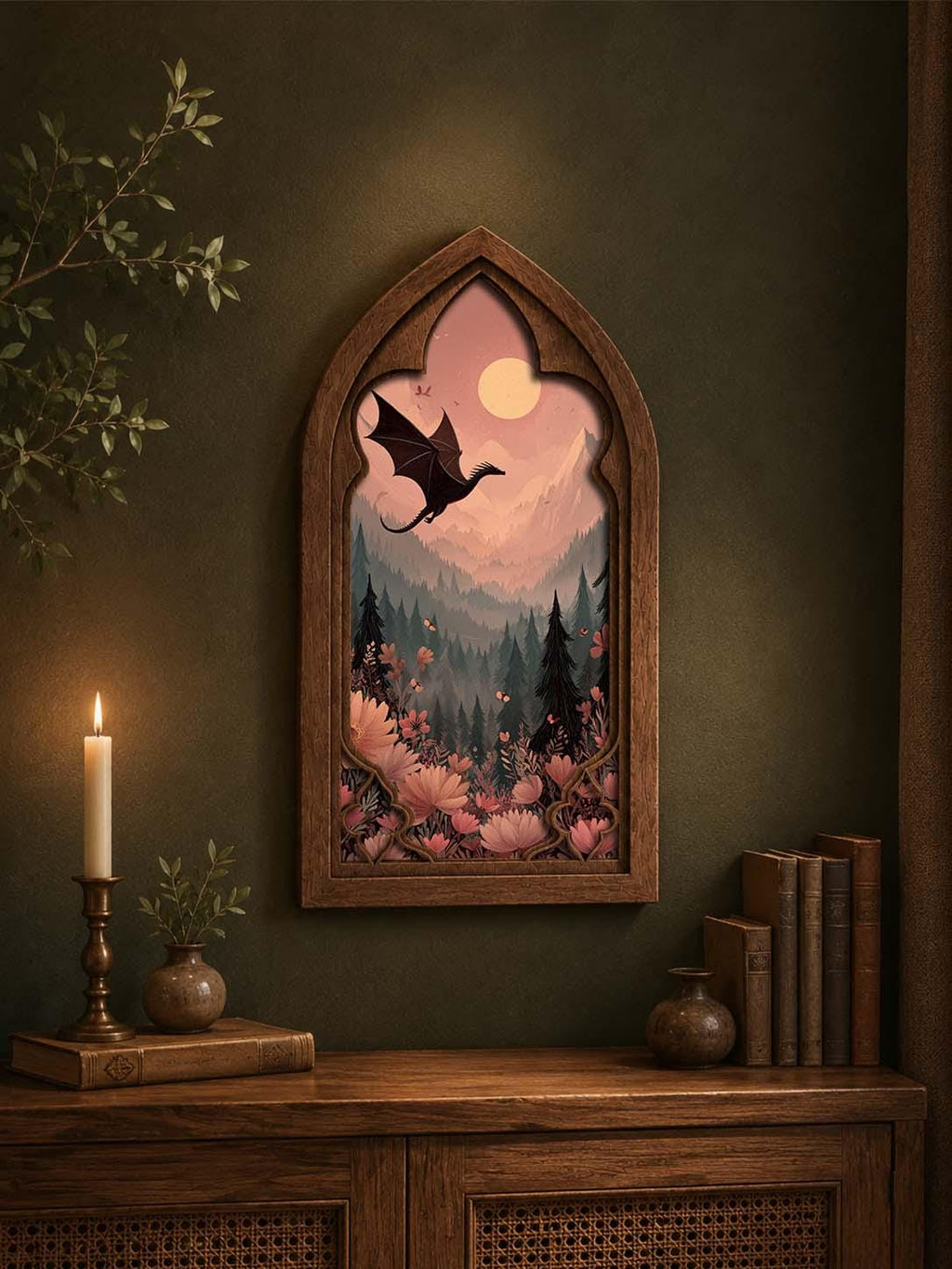 Dragon Forest Gothic Arch Wall Art, Fantasy Window Decor, Enchanted Woodland Dragon Artwork, Cottagecore Fantasy Art