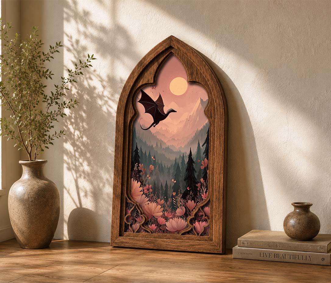 Dragon Forest Gothic Arch Wall Art, Fantasy Window Decor, Enchanted Woodland Dragon Artwork, Cottagecore Fantasy Art