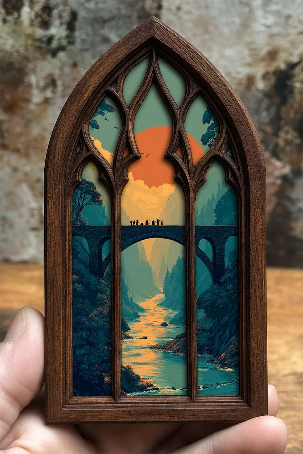 Fantasy Fellowship Gothic Window Wall Art, Medieval Bridge Landscape Decor, Layered Fantasy Adventure Artwork
