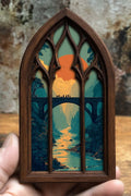 Fantasy Fellowship Gothic Window Wall Art, Medieval Bridge Landscape Decor, Layered Fantasy Adventure Artwork