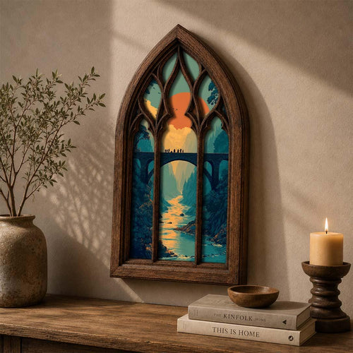 Fantasy Fellowship Gothic Window Wall Art, Medieval Bridge Landscape Decor, Layered Fantasy Adventure Artwork