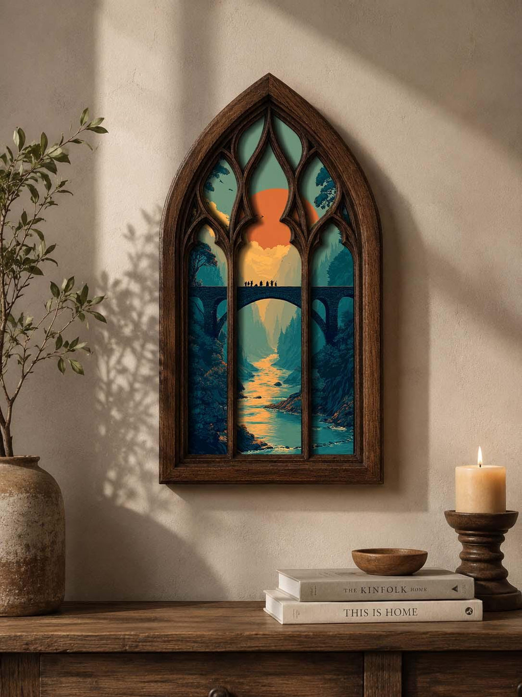Fantasy Fellowship Gothic Window Wall Art, Medieval Bridge Landscape Decor, Layered Fantasy Adventure Artwork