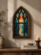 Fantasy Fellowship Gothic Window Wall Art, Medieval Bridge Landscape Decor, Layered Fantasy Adventure Artwork