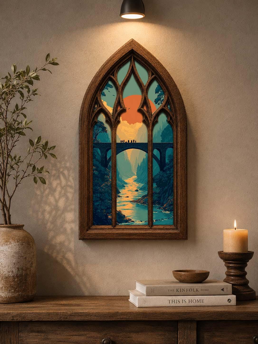Fantasy Fellowship Gothic Window Wall Art, Medieval Bridge Landscape Decor, Layered Fantasy Adventure Artwork