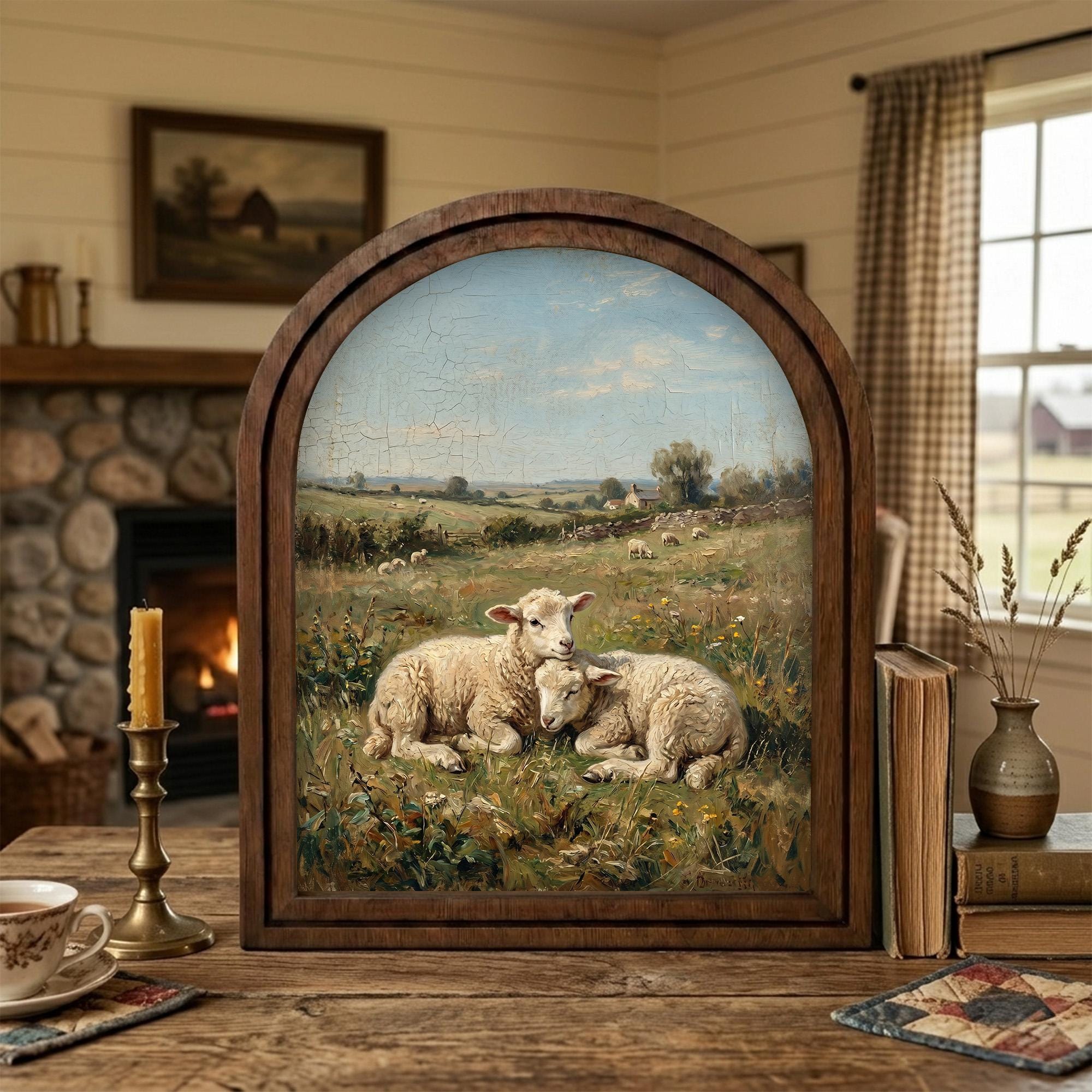 Arched Lamb Frame, Country Farmhouse Decor, Wooden Sheep Art, Rustic Wood Frame, Canvas Farm Art, 3D Layered Frame, Sheep Lover Gift Decor