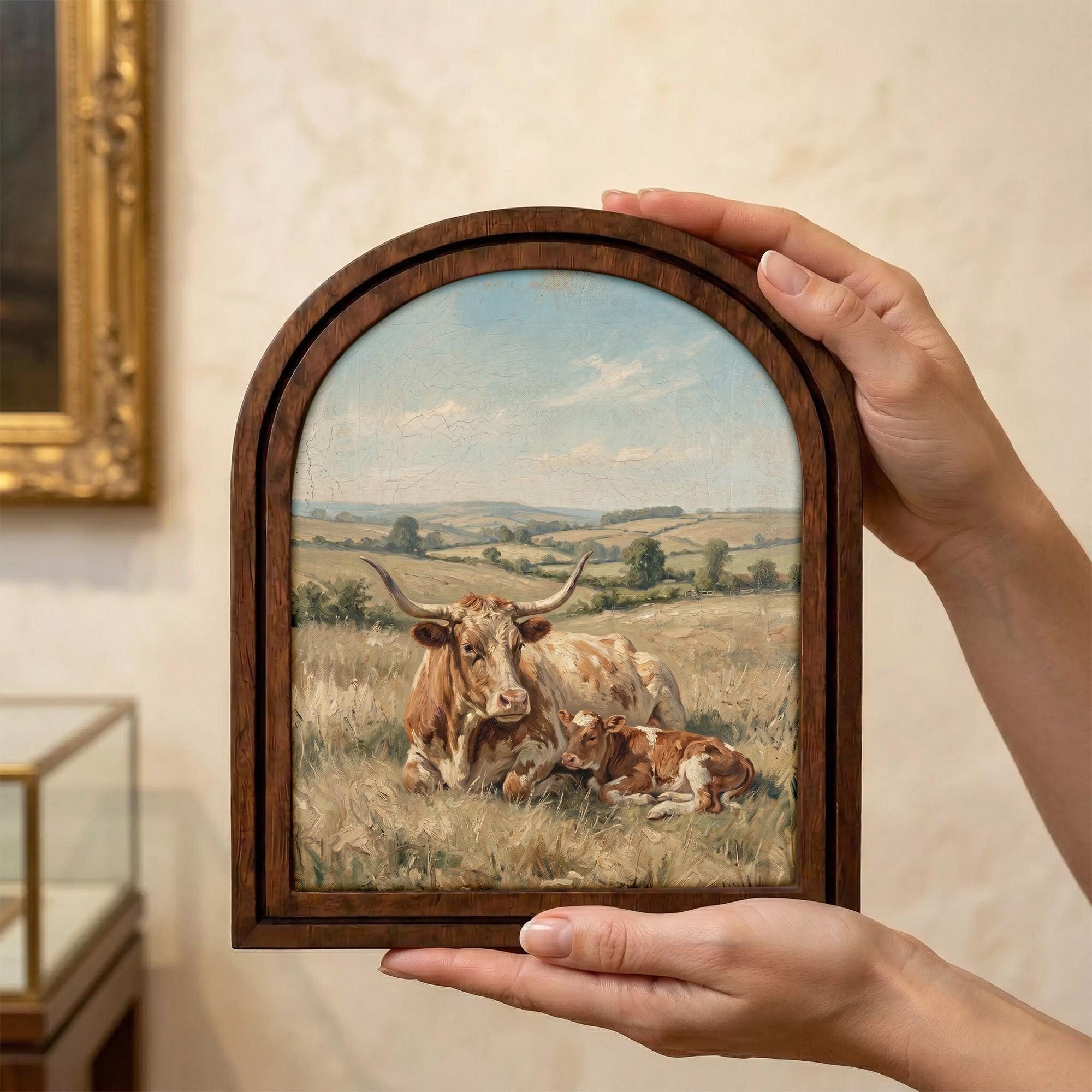 Arched Longhorn Frame, Country Farmhouse Decor, Wooden Cow Art, Rustic Wood Frame, Canvas Farm Art, 3D Layered Frame, Cow Lover Gift Decor