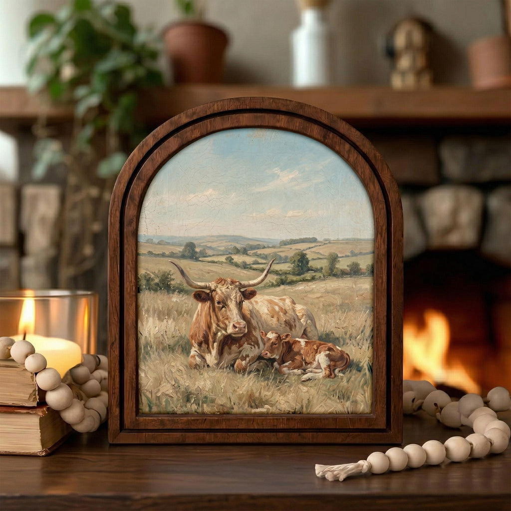 Arched Longhorn Frame, Country Farmhouse Decor, Wooden Cow Art, Rustic Wood Frame, Canvas Farm Art, 3D Layered Frame, Cow Lover Gift Decor