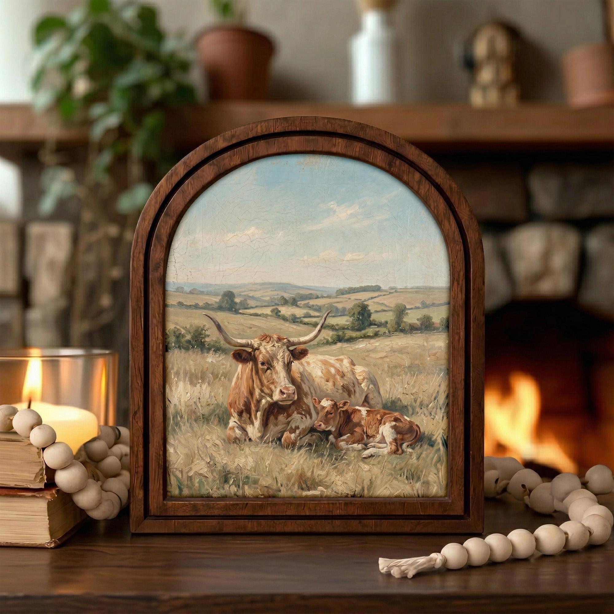 Arched Longhorn Frame, Country Farmhouse Decor, Wooden Cow Art, Rustic Wood Frame, Canvas Farm Art, 3D Layered Frame, Cow Lover Gift Decor
