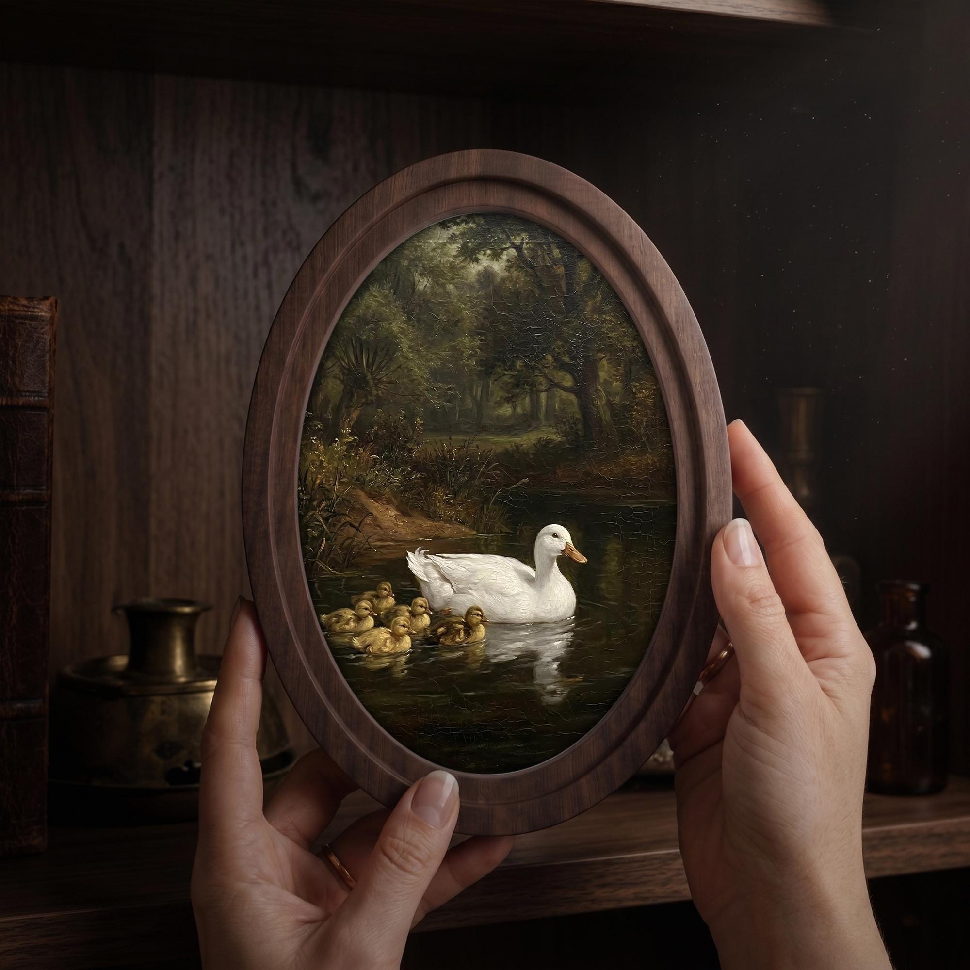 Vintage Duck Print, Duck Oil Painting, Oval Wood Frame, Duckling Wall Art, Cottagecore Decor, Oval Picture Frame, Antique River Landscape