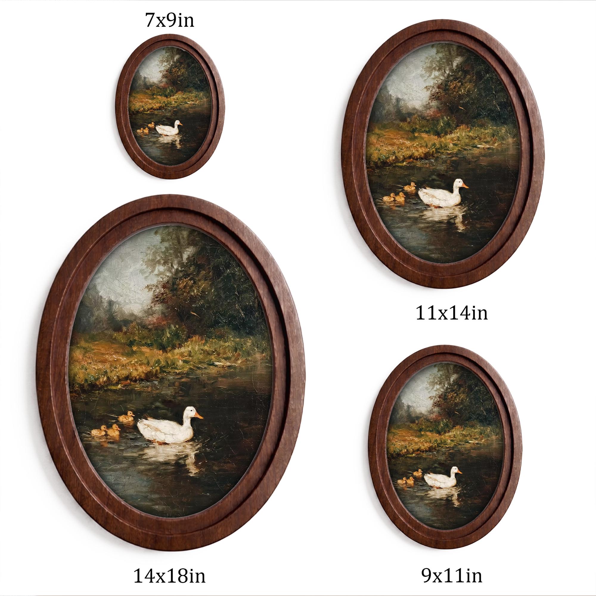 Vintage Duck Print, Duck Oil Painting, Oval Wood Frame, Duckling Wall Art, Cottagecore Decor, Oval Picture Frame, Antique River Landscape