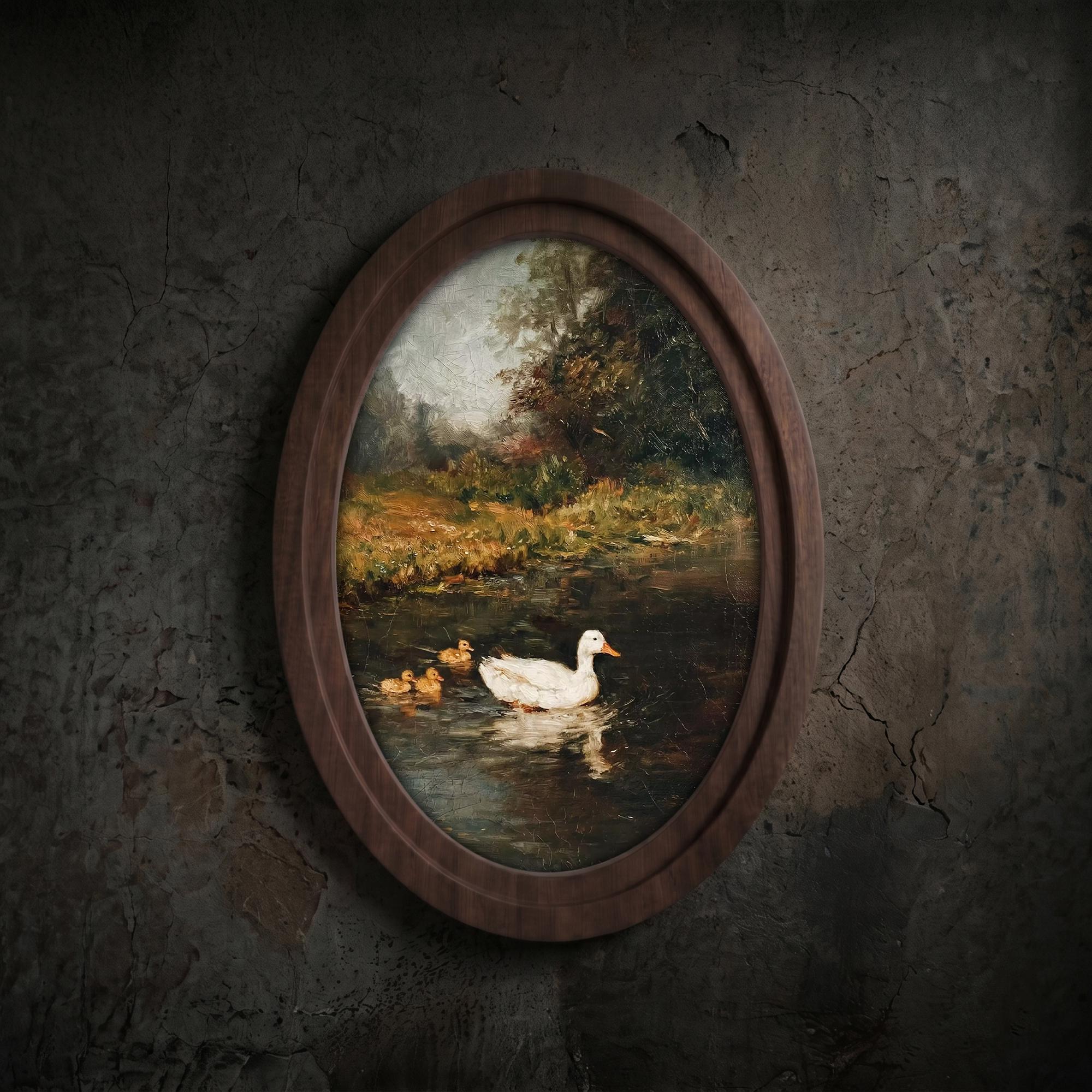 Vintage Duck Print, Duck Oil Painting, Oval Wood Frame, Duckling Wall Art, Cottagecore Decor, Oval Picture Frame, Antique River Landscape