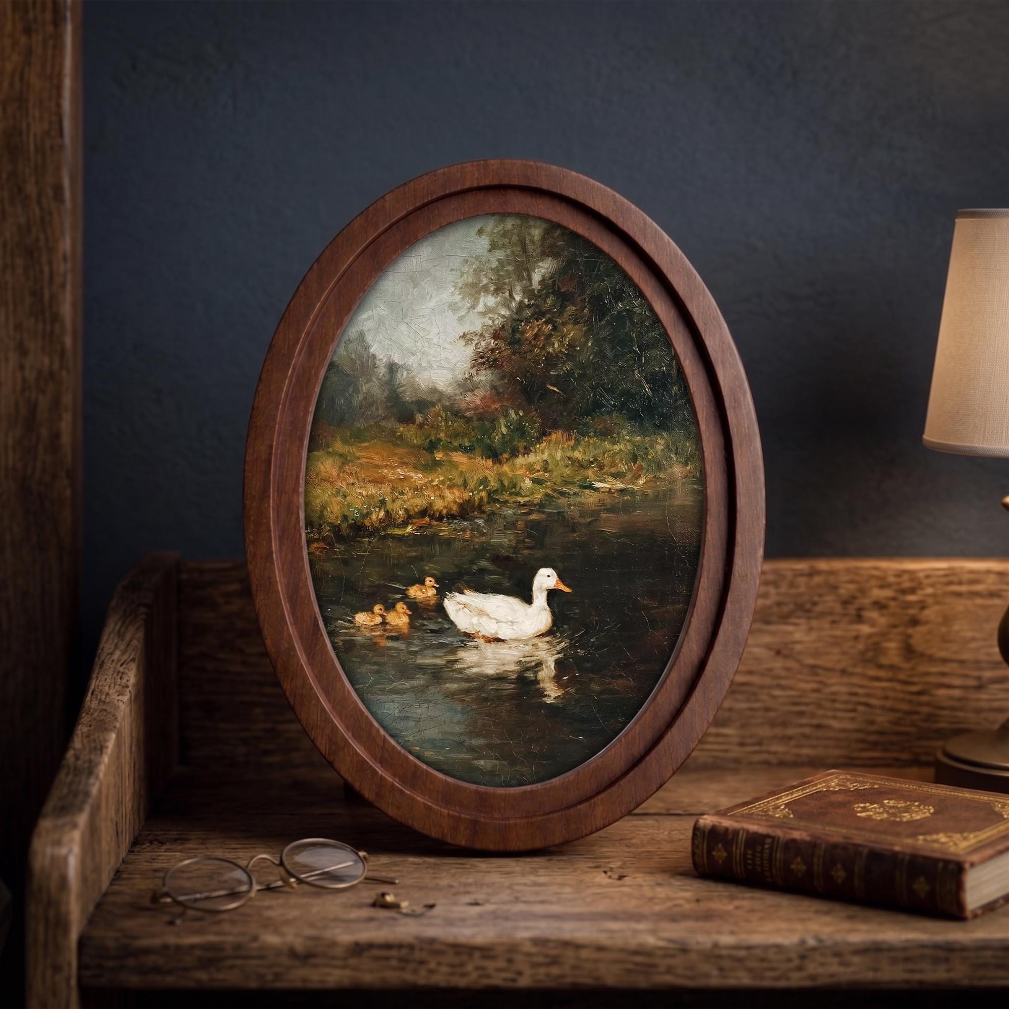 Vintage Duck Print, Duck Oil Painting, Oval Wood Frame, Duckling Wall Art, Cottagecore Decor, Oval Picture Frame, Antique River Landscape