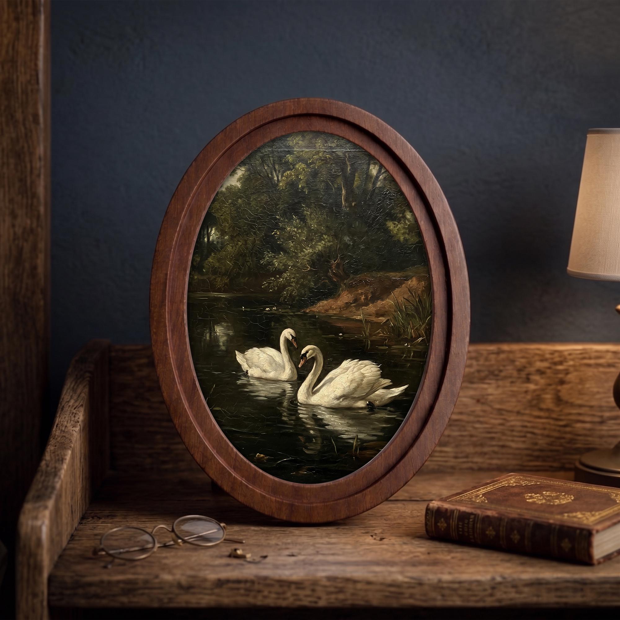 Swan Oil Painting, White Swan Wall Art, Oval Wood Frame, River Landscape Print, Cottagecore Decor, Oval Picture Frame, Antique Wildlife Art
