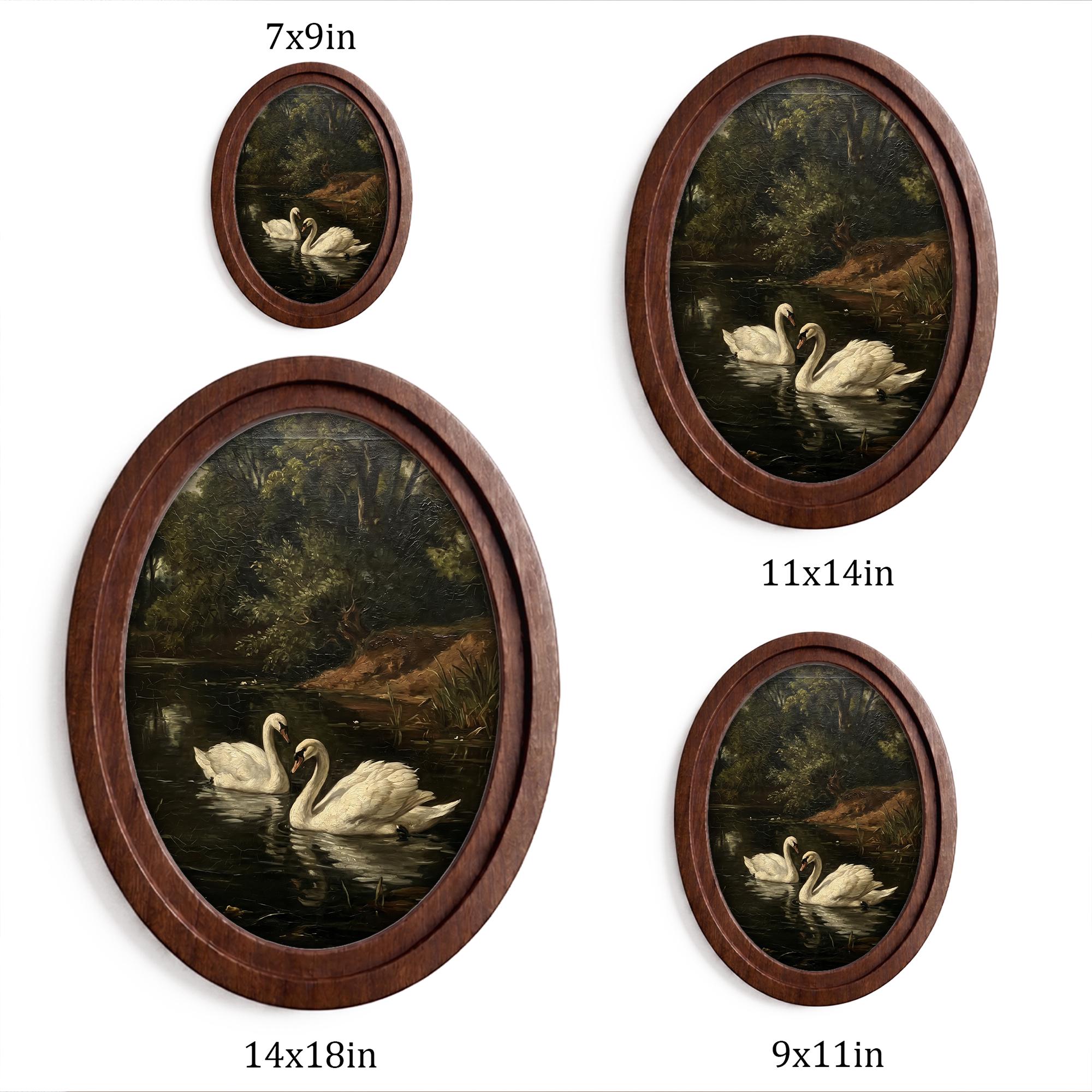 Swan Oil Painting, White Swan Wall Art, Oval Wood Frame, River Landscape Print, Cottagecore Decor, Oval Picture Frame, Antique Wildlife Art