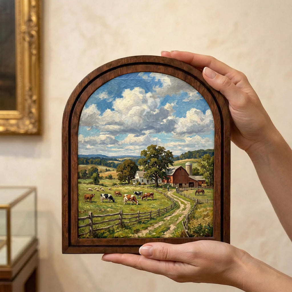 Farmhouse Wall Art, Country Landscape, Arched Wood Frame, Red Barn Painting, Cow Canvas Print, Arched Picture Frame, Antique Pastoral Decor
