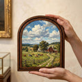 Farmhouse Wall Art, Country Landscape, Arched Wood Frame, Red Barn Painting, Cow Canvas Print, Arched Picture Frame, Antique Pastoral Decor