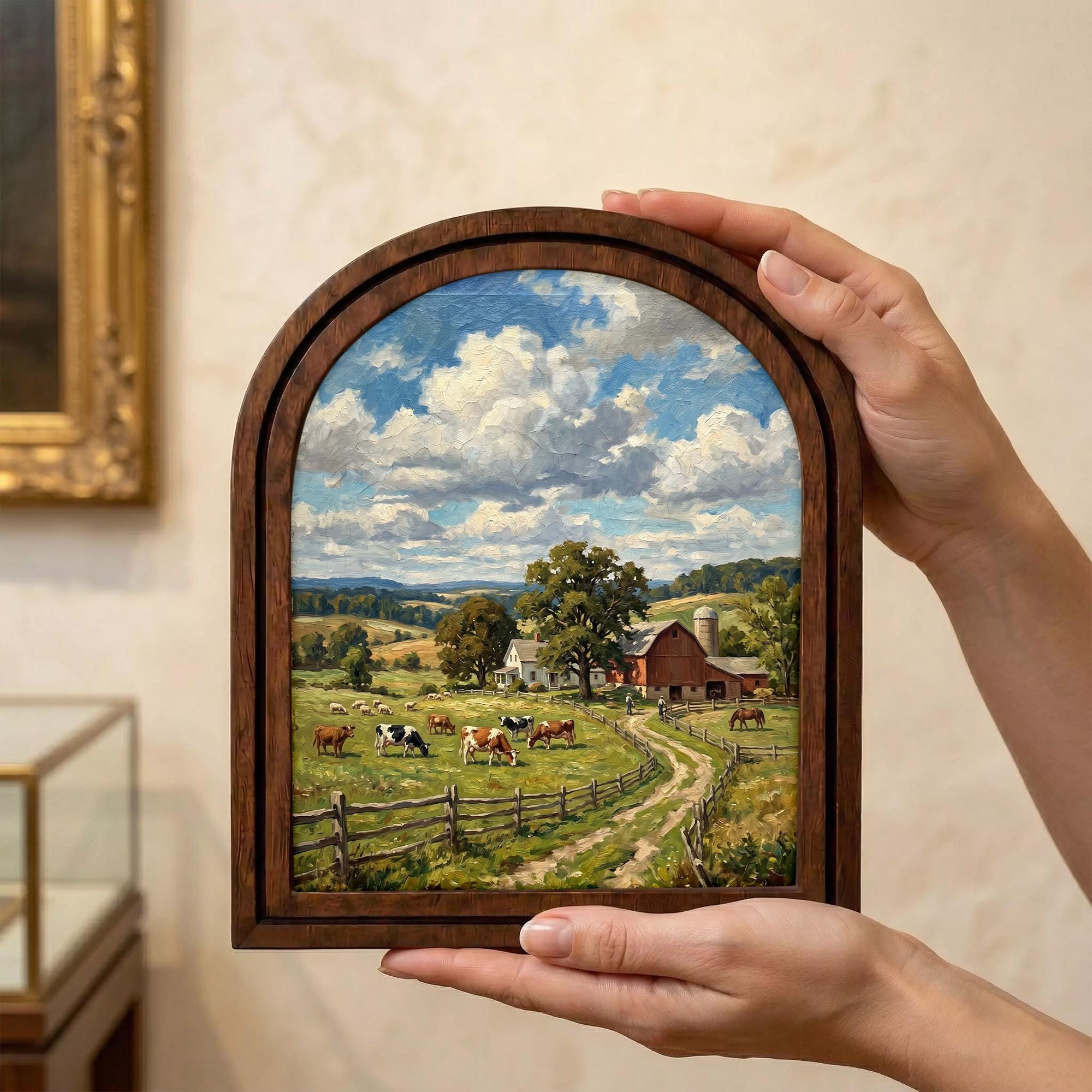 Farmhouse Wall Art, Country Landscape, Arched Wood Frame, Red Barn Painting, Cow Canvas Print, Arched Picture Frame, Antique Pastoral Decor