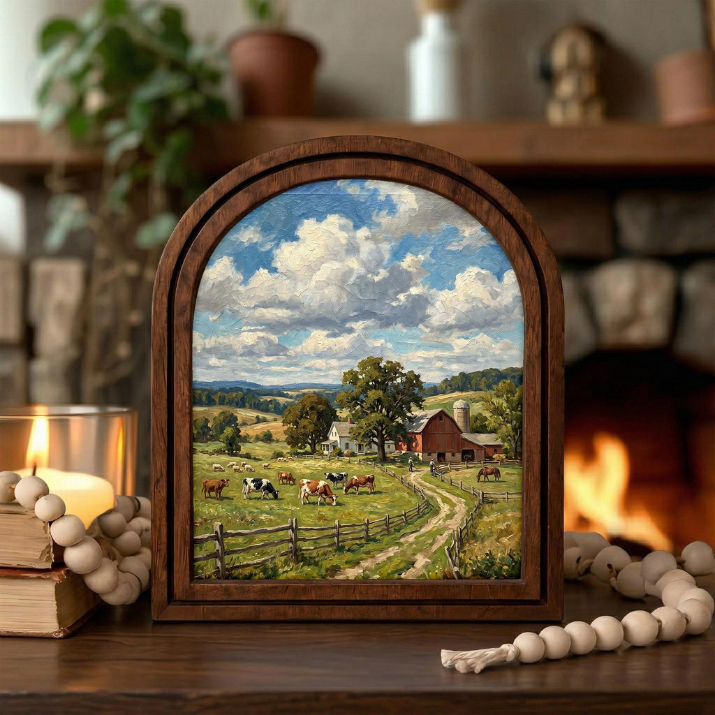 Farmhouse Wall Art, Country Landscape, Arched Wood Frame, Red Barn Painting, Cow Canvas Print, Arched Picture Frame, Antique Pastoral Decor