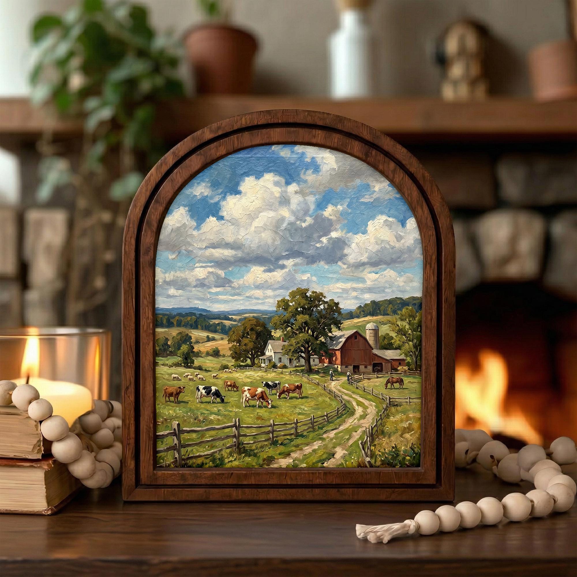 Farmhouse Wall Art, Country Landscape, Arched Wood Frame, Red Barn Painting, Cow Canvas Print, Arched Picture Frame, Antique Pastoral Decor