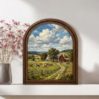 Farmhouse Wall Art, Country Landscape, Arched Wood Frame, Red Barn Painting, Cow Canvas Print, Arched Picture Frame, Antique Pastoral Decor