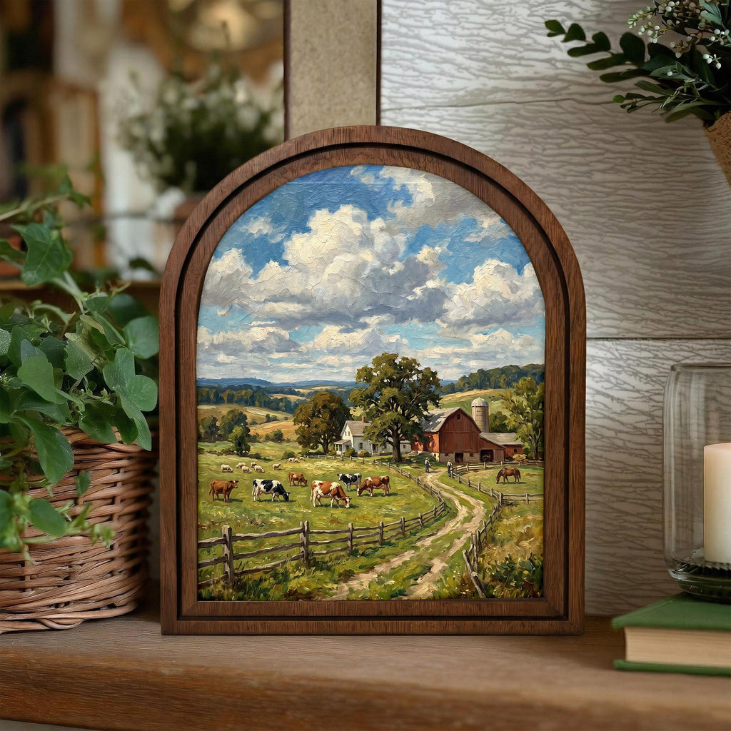Farmhouse Wall Art, Country Landscape, Arched Wood Frame, Red Barn Painting, Cow Canvas Print, Arched Picture Frame, Antique Pastoral Decor