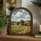 Farmhouse Wall Art, Country Landscape, Arched Wood Frame, Red Barn Painting, Cow Canvas Print, Arched Picture Frame, Antique Pastoral Decor