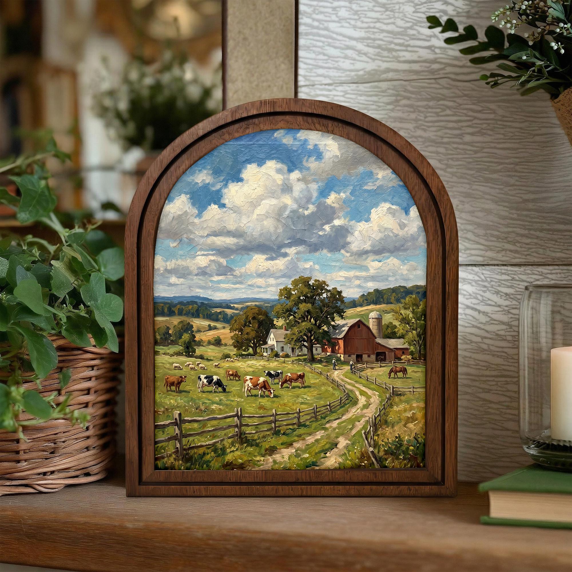 Farmhouse Wall Art, Country Landscape, Arched Wood Frame, Red Barn Painting, Cow Canvas Print, Arched Picture Frame, Antique Pastoral Decor