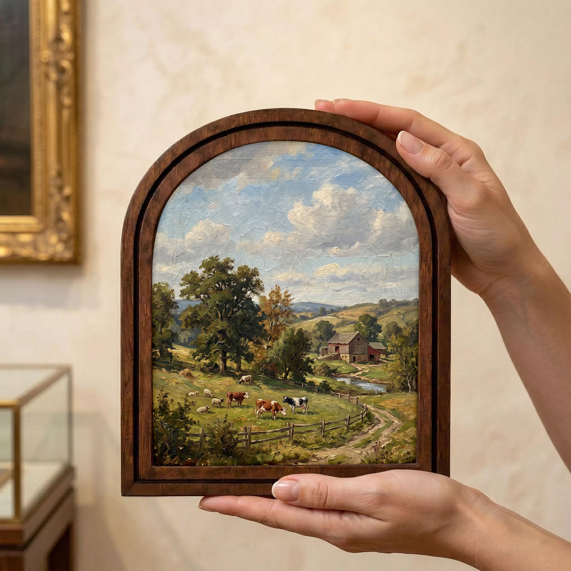 Farmhouse Wall Art, Country Landscape, Arched Wood Frame, Red Barn Painting, Cow Canvas Print, Arched Picture Frame, Antique Pastoral Decor
