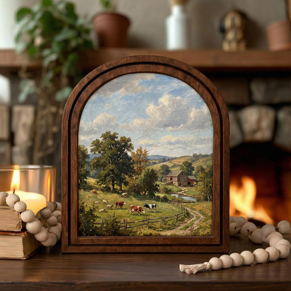 Farmhouse Wall Art, Country Landscape, Arched Wood Frame, Red Barn Painting, Cow Canvas Print, Arched Picture Frame, Antique Pastoral Decor