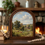 Farmhouse Wall Art, Country Landscape, Arched Wood Frame, Red Barn Painting, Cow Canvas Print, Arched Picture Frame, Antique Pastoral Decor
