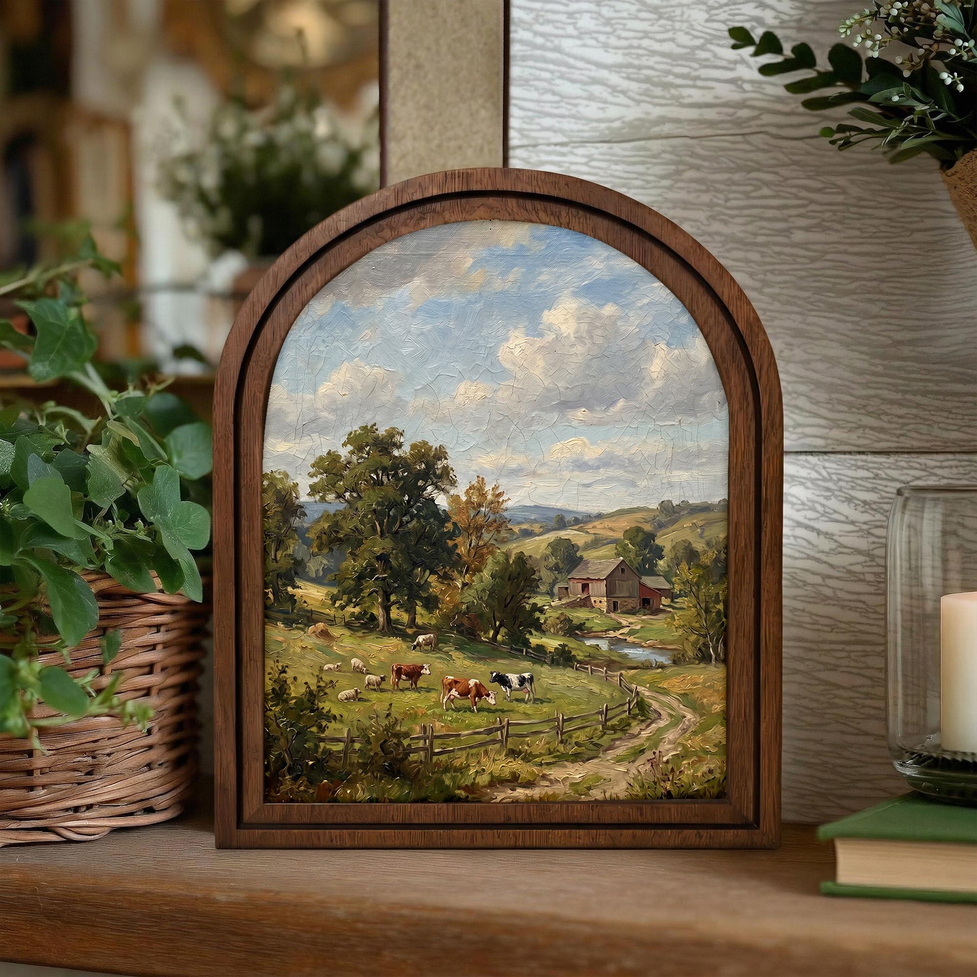 Farmhouse Wall Art, Country Landscape, Arched Wood Frame, Red Barn Painting, Cow Canvas Print, Arched Picture Frame, Antique Pastoral Decor