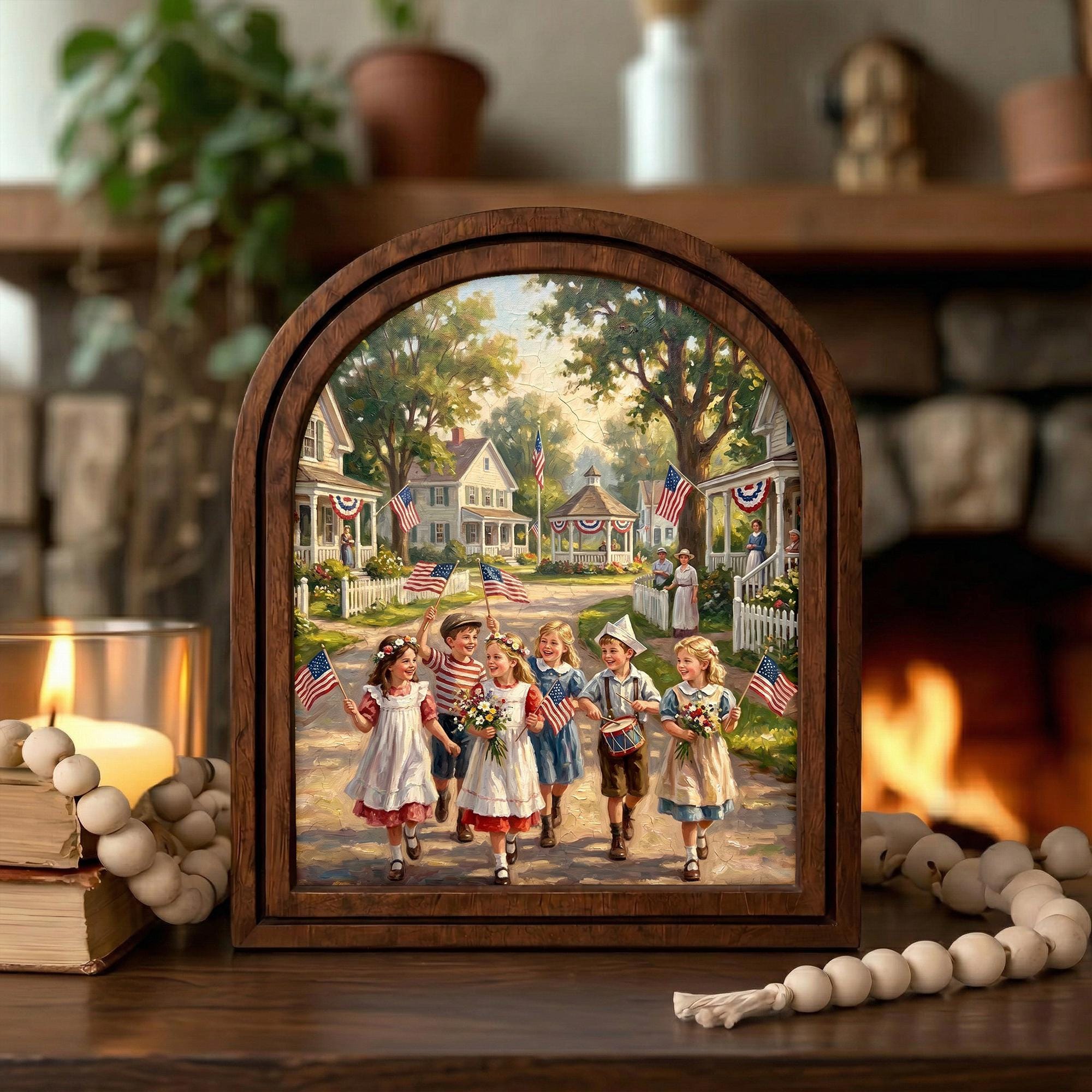4th of July Art, Patriotic Decor, Arched Wood Frame, Americana Painting, Vintage Kids Print, Arched Picture Frame, Memorial Day Wall Art