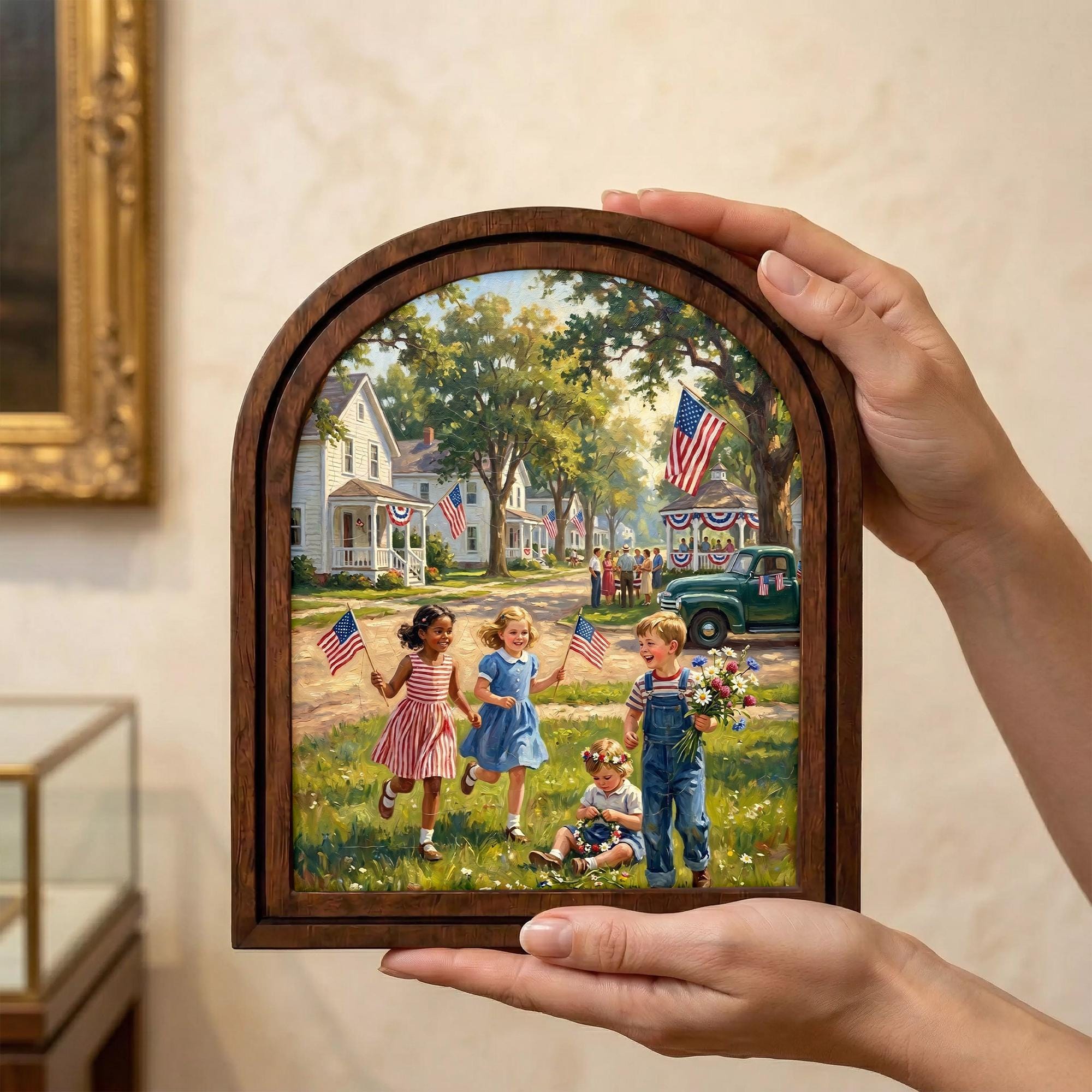 4th of July Art, Patriotic Decor, Arched Wood Frame, Americana Painting, Vintage Kids Print, Arched Picture Frame, Memorial Day Wall Art