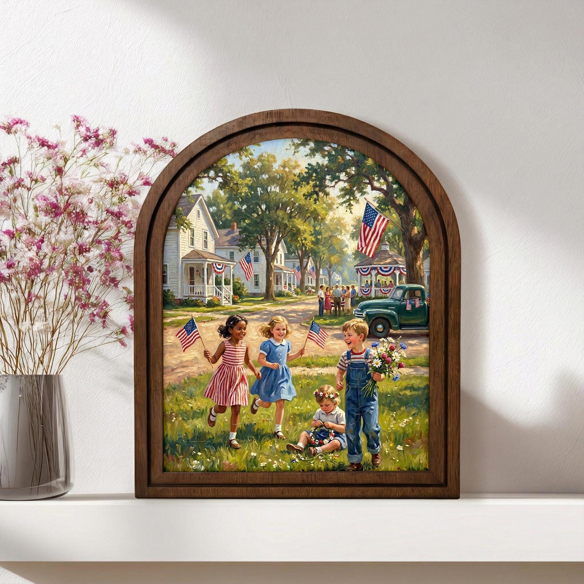 4th of July Art, Patriotic Decor, Arched Wood Frame, Americana Painting, Vintage Kids Print, Arched Picture Frame, Memorial Day Wall Art