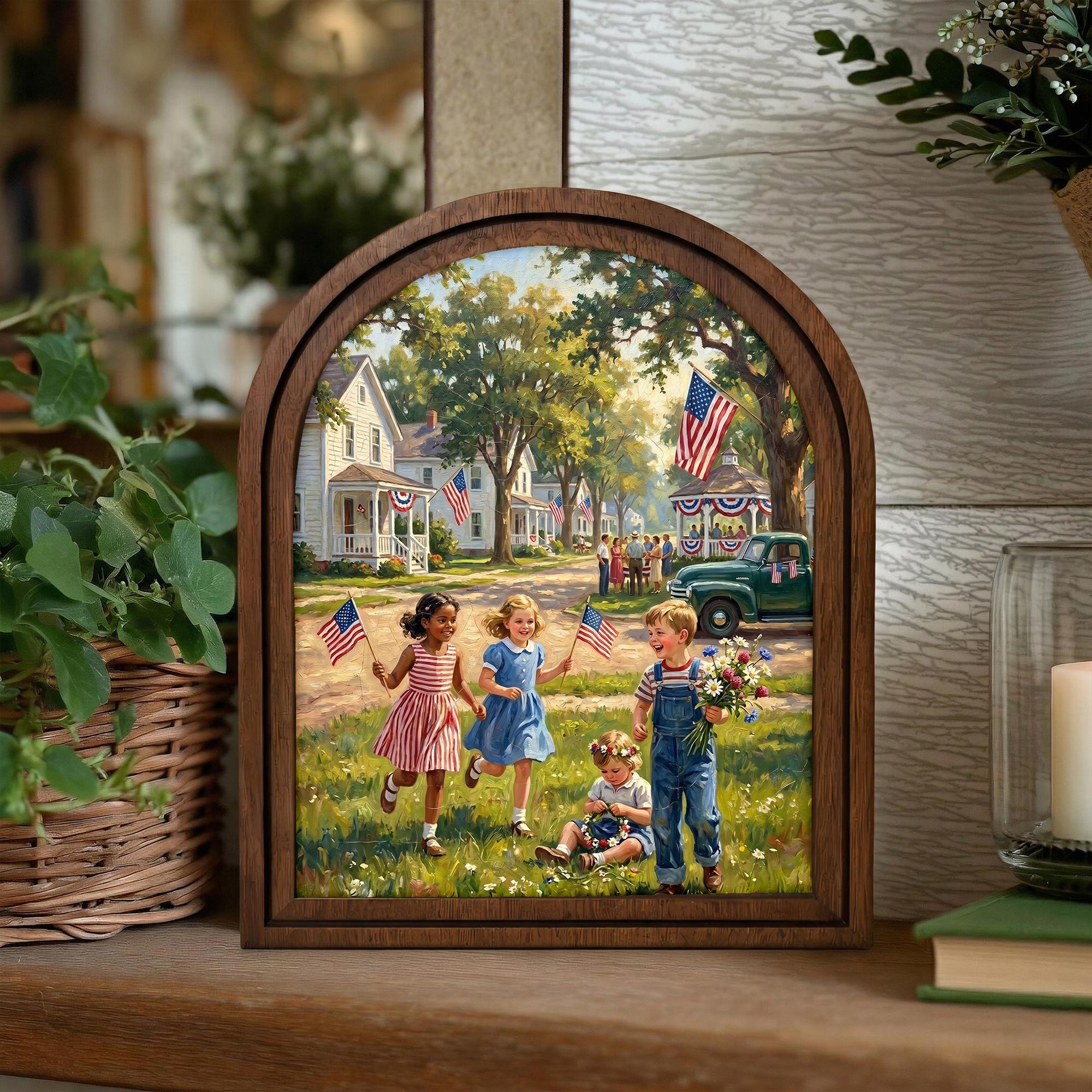 4th of July Art, Patriotic Decor, Arched Wood Frame, Americana Painting, Vintage Kids Print, Arched Picture Frame, Memorial Day Wall Art