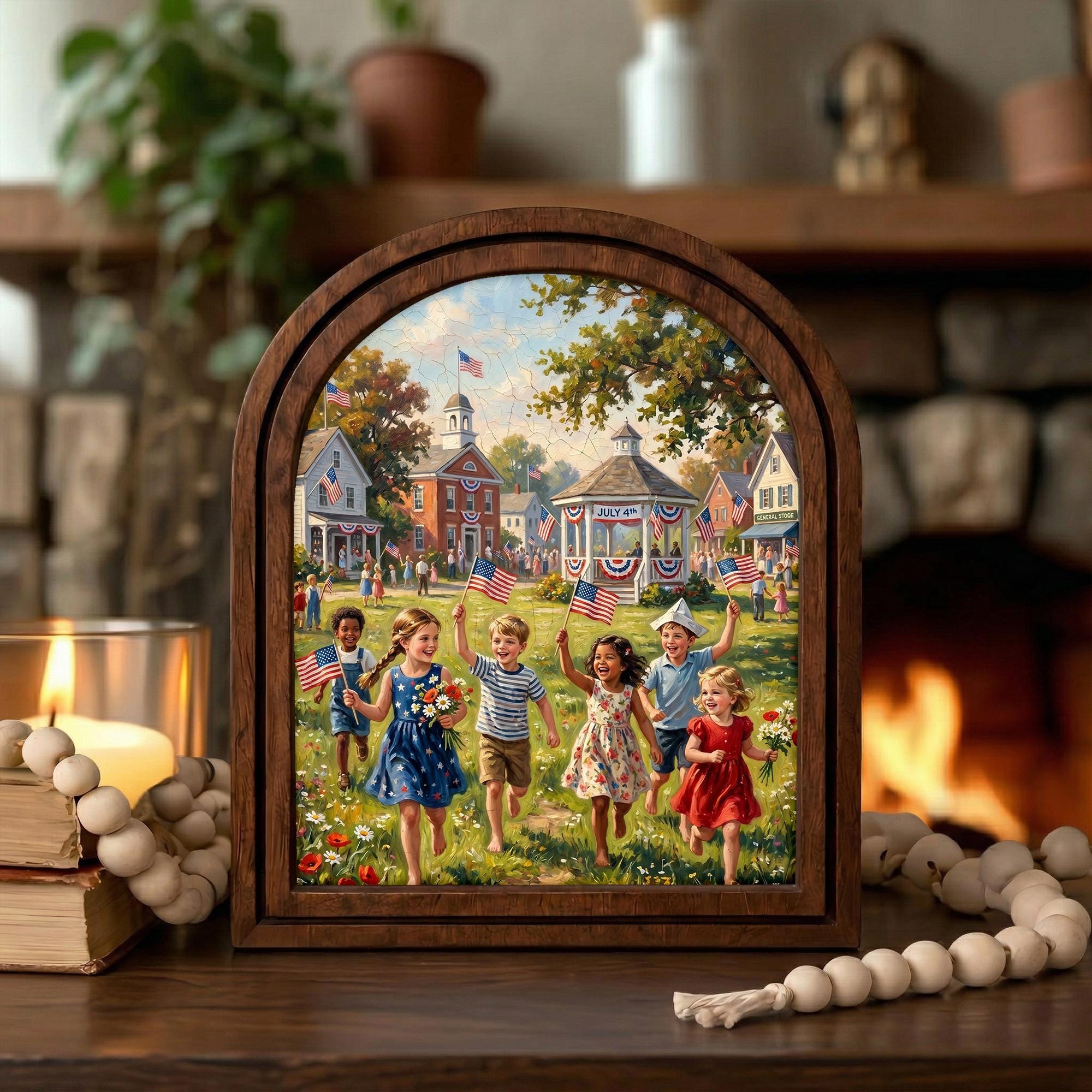 4th of July Art, Patriotic Decor, Arched Wood Frame, Americana Painting, Vintage Kids Print, Arched Picture Frame, Memorial Day Wall Art