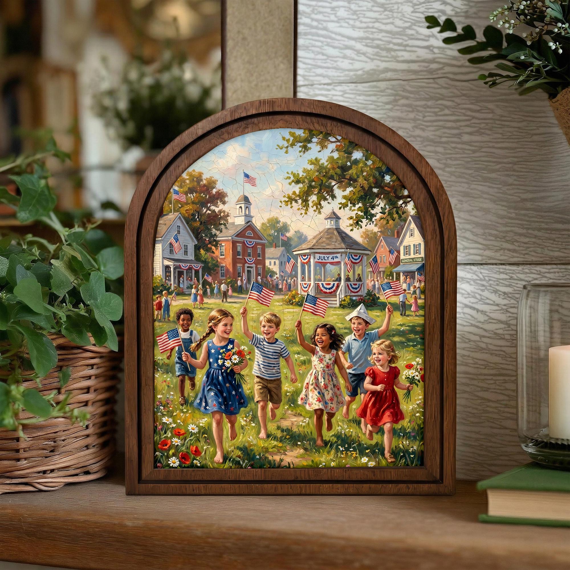 4th of July Art, Patriotic Decor, Arched Wood Frame, Americana Painting, Vintage Kids Print, Arched Picture Frame, Memorial Day Wall Art