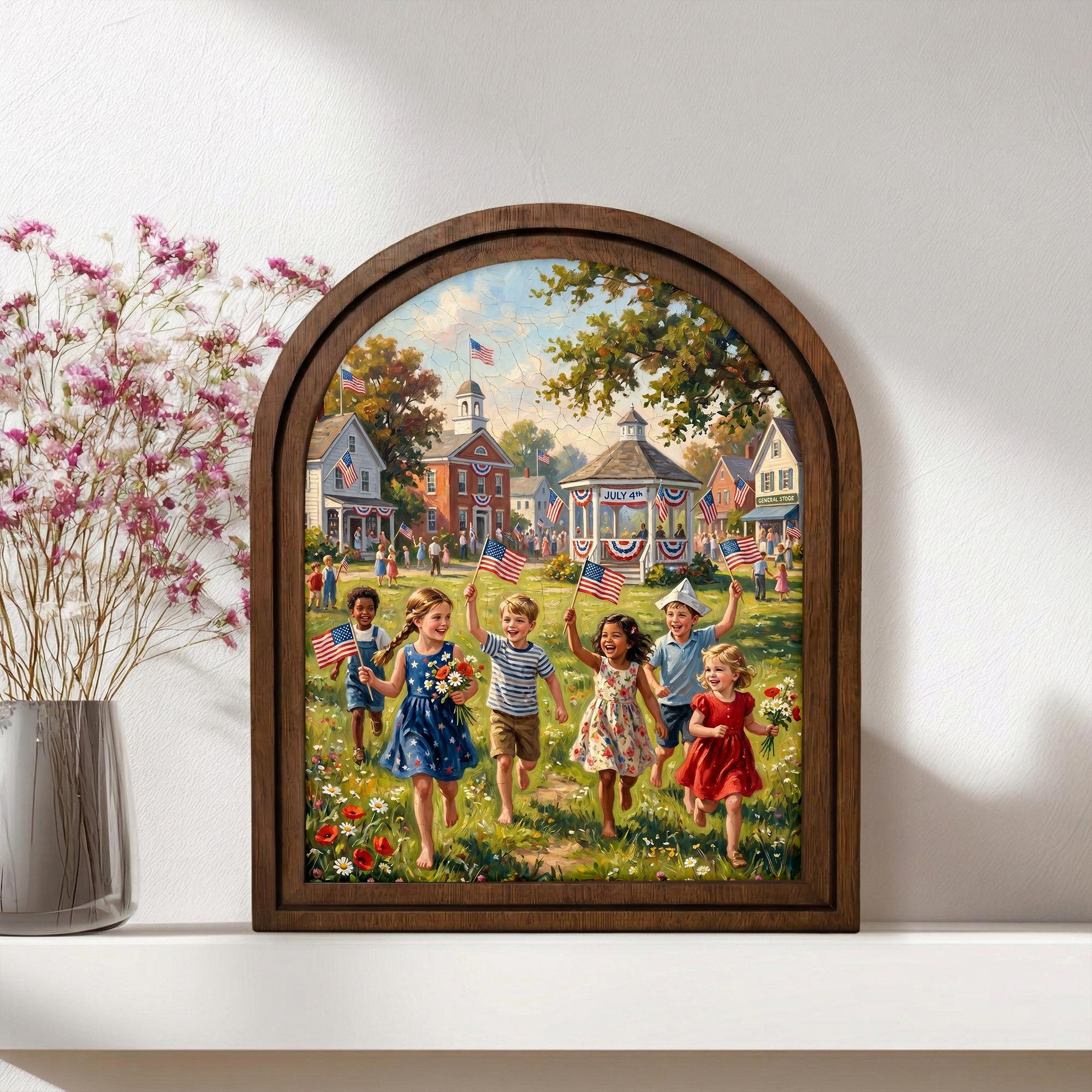 4th of July Art, Patriotic Decor, Arched Wood Frame, Americana Painting, Vintage Kids Print, Arched Picture Frame, Memorial Day Wall Art