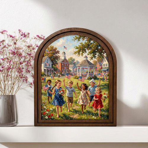 4th of July Art, Patriotic Decor, Arched Wood Frame, Americana Painting, Vintage Kids Print, Arched Picture Frame, Memorial Day Wall Art