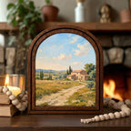 Tuscany Landscape, Italian Villa Art, Arched Wood Frame, Countryside Oil Painting, European Decor, Arched Picture Frame, Mediterranean Print