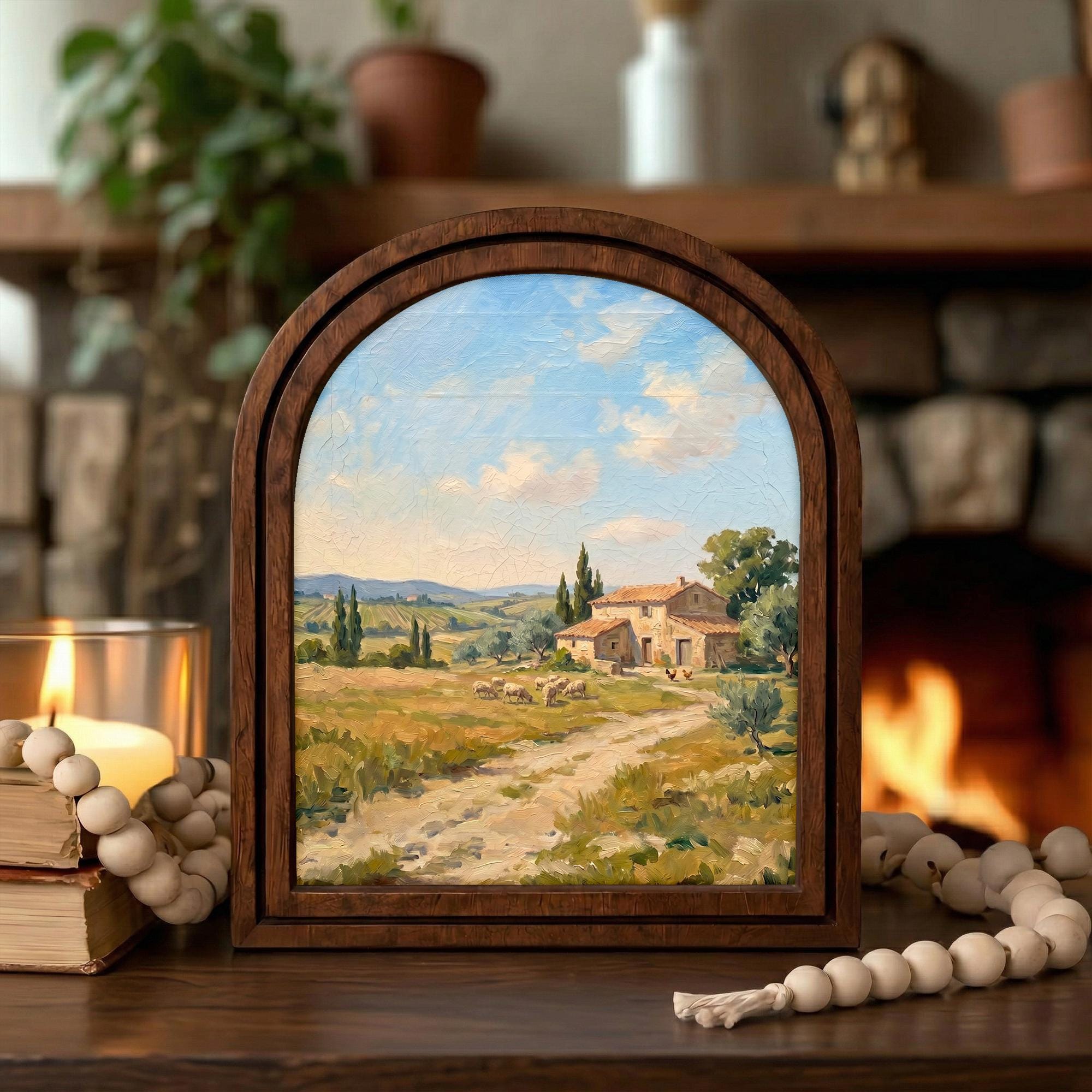 Tuscany Landscape, Italian Villa Art, Arched Wood Frame, Countryside Oil Painting, European Decor, Arched Picture Frame, Mediterranean Print
