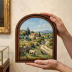 Tuscany Landscape, Countryside Art, Arched Wood Frame, Vintage Donkey Print, Sheep Oil Painting, Arched Picture Frame, European Farmhouse