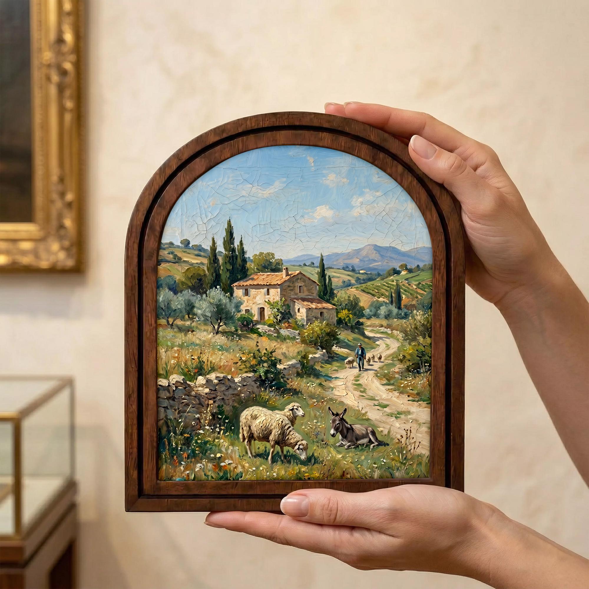 Tuscany Landscape, Countryside Art, Arched Wood Frame, Vintage Donkey Print, Sheep Oil Painting, Arched Picture Frame, European Farmhouse