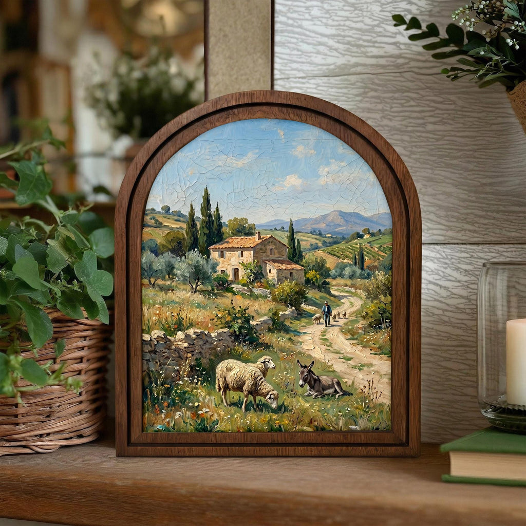Tuscany Landscape, Countryside Art, Arched Wood Frame, Vintage Donkey Print, Sheep Oil Painting, Arched Picture Frame, European Farmhouse
