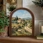 Tuscany Landscape, Countryside Art, Arched Wood Frame, Vintage Donkey Print, Sheep Oil Painting, Arched Picture Frame, European Farmhouse